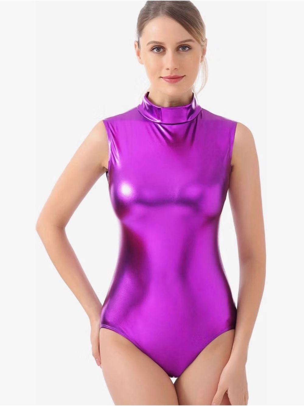 Kepblom Sleeveless Shiny Metallic Leotard Sparkly Turtleneck Bodysuit